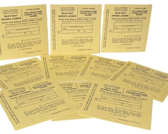 Vintage 10 Set BACK SEAT DRIVERS License Funny Gag Joke Gift Auto Car Nervous Passenger Ticket Prank Comedy Pack Trucker Retro Paper
