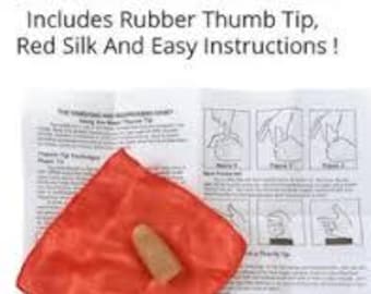 Vintage Junior RUBBER THUMB TIP + 6" Red Silk Scarf Magic Trick Vanish Jr Fake Set Hanky Kid Size Magician Prop Disappear Amazing Kid Pocket
