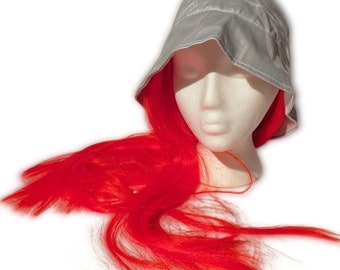 Vintage Bright RED WIG + HAT Silver Bucket Adult Girls Long Hair Costume Clown Punk Rave Rain Goth New Wave Hippie Chic New Cap