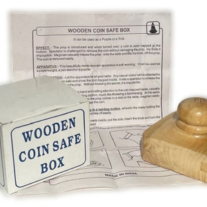 Vintage Wooden COIN SAFE BOX Wood Puzzle Magic Trick Pen Holder Joke Gag Prank Gift Toy Brain Teaser Boxed Close Up Magician Desk Prop
