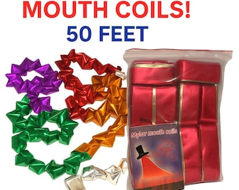 Vintage New 50' Feet Jumbo MYLAR MOUTH COILS 10 Set Magic Trick Glitter Streamer Production Multi Color Clown Magician Prop Pulling