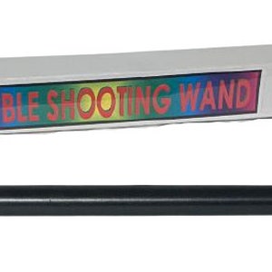 May include: A black and white magic wand with the words "Double Shooting Wand" printed on the packaging. The wand is used for a magic trick where a flame appears and disappears.