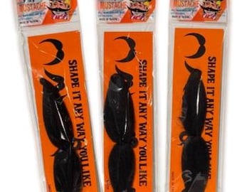 Vintage 3 Pack SIX WAY MUSTACHE Costume Disguise Joke Fake Facial Hair Cowboy 6" Black Villain Halloween Men’s Set