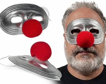 SILVER CLOWN MASK Halloween 4 Movie Red Foam Nose Mike Myers Costume Jamie Lloyd Character Half Domino Style Metallic Lame Scary Circus