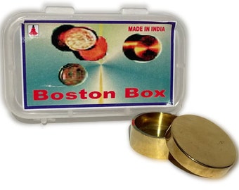 Vintage Brass BOSTON COIN BOX Magic Trick Penetrate Hand Table Close Up Quarter Okito Magician Money Effect