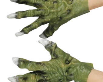 Vintage GREEN MONSTER HANDS Latex Rubber Gloves Halloween Costume Claws Alien Dinosaur Swamp Scary Adult Kid