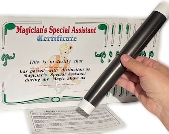 Vintage 12 Magic Wand MAGICIANS ASSISTANT CERTIFICATES Set Kid Shows Trick Roll Paper Volunteer Giveaway Prop Thank You Clown Performers