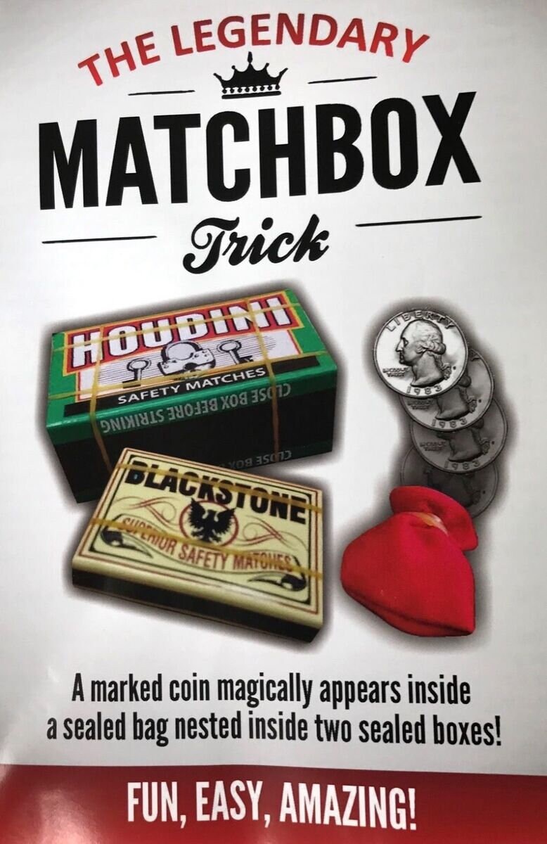 Vintage HOUDINI MATCH BOX Close up Magic Trick Vanishing Appearing Signed Coin in Boxes & Bag