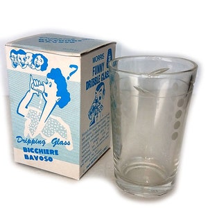 Vintage 1 DRIBBLE WATER GLASS Clear Real Drinking Gag Prank Practical Joke Juice Cup Dripping 1989 Leak Down Chin Classic Box Packaging