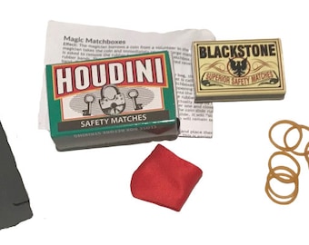 Vintage HOUDINI MATCH BOX Close Up Magic Trick Vanishing Appearing Signed Coin In Boxes & Bag Pocket Beginner Set Magician Set Blackstone