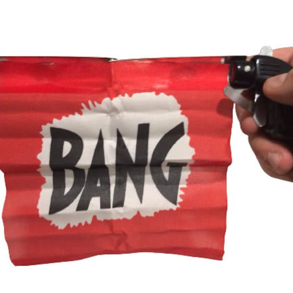 Vintage BANG GUN FLAG Red Mini Banner Clown Comedy Gag Toy Joke Stage Prop Joker Fake Metal Pistol Prank Costume Accessory Word