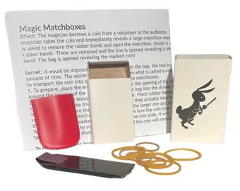 Vintage SS Adams MATCH BOX Magic Trick Appearing Coin In Nesting Boxes & Bag Beginner Set Sealed Rubber Bands Metal Gimmick Slide Close Up