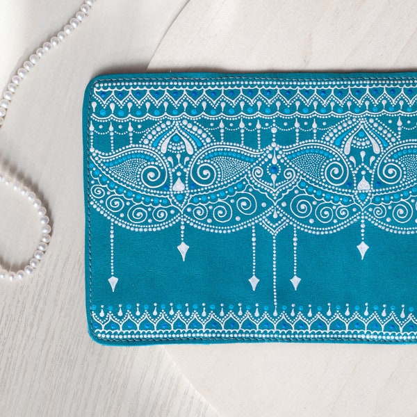 Blauwe Boho lederen paspoortportemonnee, gepersonaliseerde paspoorthoes, uniek cadeau voor vrouwen