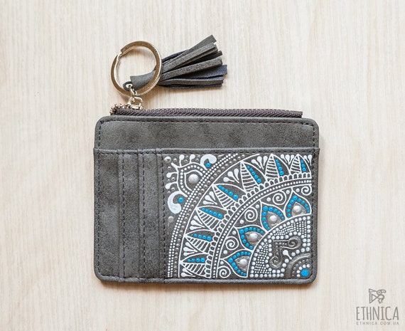 Gray Card Holder With Keychain Gypsy Style Boho Wallet Credit