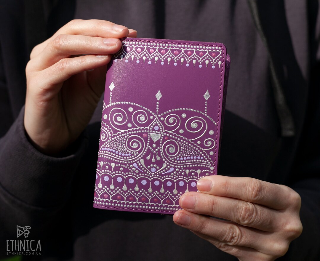 Purple Boho Leather Passport Wallet, Personalized Passport Cover