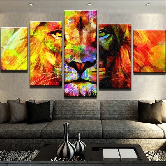Colourful Splash Paint Large Art 5 Split Panel Canvas Picture Abstract Lion