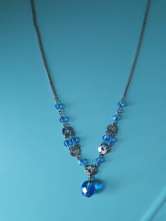 Art Deco Chrome and Blue Crystal Necklace, c.1920… - image 3