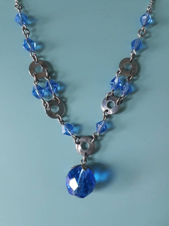 Art Deco Chrome and Blue Crystal Necklace, c.1920… - image 1