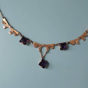 Art Deco Gold Tone and Purple Paste Lavalier Necklace