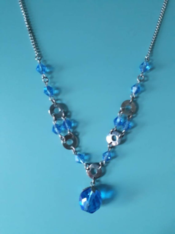 Art Deco Chrome and Blue Crystal Necklace, c.1920… - image 2