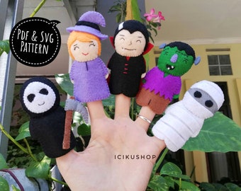 PDF, SVG : Halloween Felt Finger Puppets Hand Sewing Pattern and Tutorial, Felt Finger Puppet Pattern
