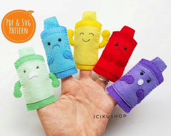 PDF, SVG : Emotion Felt Finger Puppets Hand Sewing Pattern and Tutorial, Felt Finger Puppet Pattern