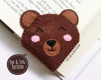 PDF, SVG : Bear Felt Bookmark Hand Sewing Pattern and Tutorial, Corner Bookmark