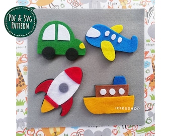 Può includere: Set di modelli di applique in feltro per un'auto, un aereo, un razzo e una barca. I modelli sono su uno sfondo di feltro grigio. Il testo "ICIKUSHOP" è sulla barca.