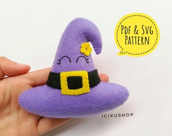 May include: A purple felt witch hat with a black band and yellow buckle. The hat has a smiling face and a yellow flower. Text on the image says "PDF & SVG PATTERN". The shop name "ICIKUSHOP" is also visible.