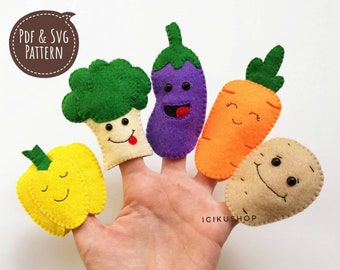 PDF, SVG : Vegetables Felt Finger Puppets Hand Sewing Pattern and Tutorial, Felt Finger Puppet Pattern