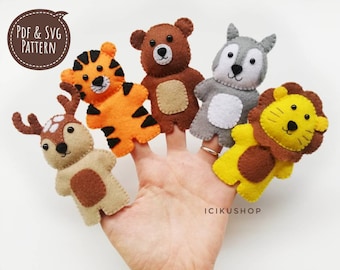 PDF, SVG : Cute Animal 3 Finger Puppets Hand Sewing Pattern and Tutorial, Felt Finger Puppet Pattern