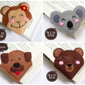 PDF, SVG : 4 set Animal (Monkey, Koala, Dog, and Bear) Bookmarks Hand Sewing Pattern and Tutorial, Corner Bookmark
