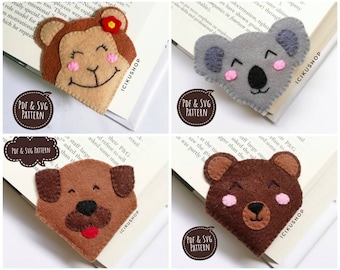 PDF, SVG : Animals (Monkey, Koala, Dog, Bear) Felt Bookmark Hand Sewing Pattern and Tutorial, Corner Bookmark