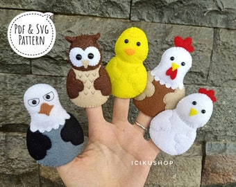PDF, SVG : Cute Animal 5 Finger Puppets Hand Sewing Pattern and Tutorial, Felt Finger Puppet Pattern