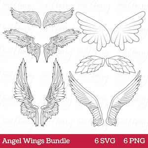 Paquete SVG Angel Wings - Conjunto de 6 diseños de contorno de alas de ángel - Archivos SVG y PNG incluidos - Heavenly Wings, Descarga digital