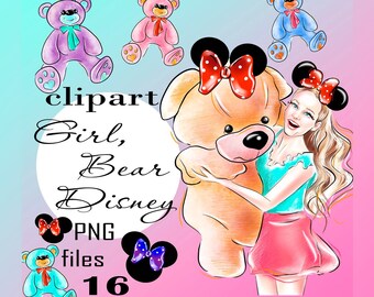 Girl, Bear Clipart, Girl and Bear Clip Art, Baby, Boy, Girl, Blue, pink, Printable, Art girl, Watercolor bears, DIGITAL, Watercolor girl,PNG