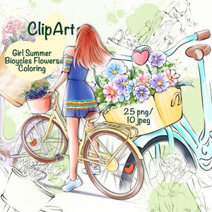 Digitale bicicletta clip art set di disegni estate ragazza bicicletta con fiori stampa + colorazione bicicletta amanti uomo e donna ragazze acquerello