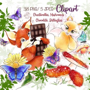 Digital clip art illustration fox chocolat papillons champignons clipart autocollants d’aquarelle de conte de fées 2 cartes postales logo de confiseur art