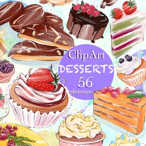 Gâteaux, Cupcakes, Muffins, peints à la main, clipart à l’aquarelle, PNG, ensemble de dessins, pâtisseries, dessert, conception de menu, cartes postales, gâteaux, chocolat