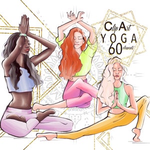 Clipart yoga poses meditation fitness doodles set sports girls postures african american blonde redheads yoga watercolor drawings art png