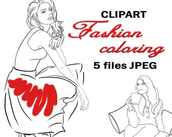 Fashion coloring, Clipart Fashion coloring, Girl coloring, Fashion girl coloring, Digital, coloring, clip art coloring, JPEG, Girl fashion