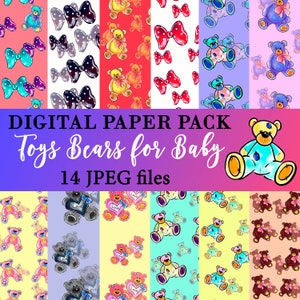 Baby Paper Pack Neutral Baby Nursery Beige Digital Background Baby Scrapbook Baby Shower Teddy Bear Toys Seamless Patterns Handpainted, Bear