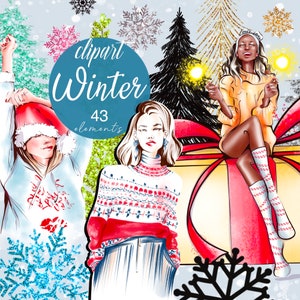 Clipart capodanno buon natale, clipart invernale, clipart vacanze, ragazza con regali fiocchi di neve oro africano americano albero d'oro maglione natale