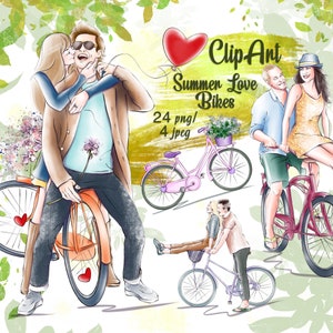 Clipart di biciclette, viaggi, clipart primavera estate, moda, amore uomo e donna, arte di coppia innamorata, bici ad acquerello, clip art estiva, digitale floreale