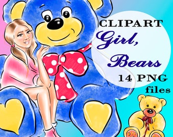 Girl, Bear Clipart, Girl and Bear Clip Art, Baby, Boy, Girl, Blue, pink, Printable, Art girl, Watercolor bears, DIGITAL, Watercolor girl,PNG