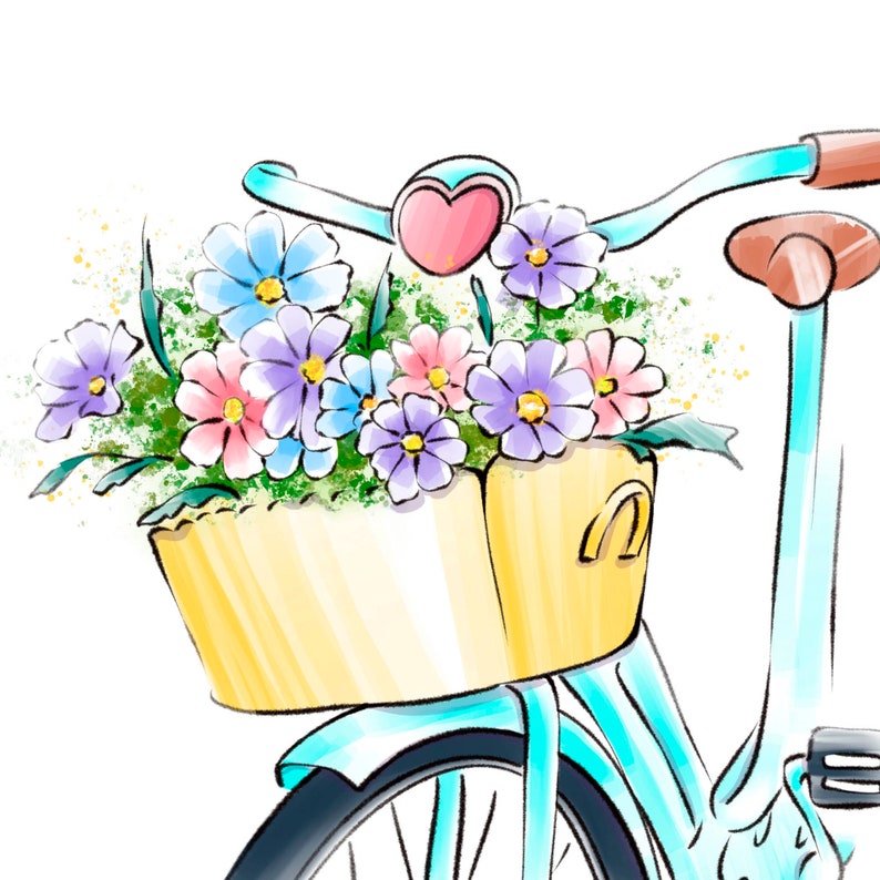 Digital Bicycle Clip Art Set of Drawings Summer Girl Bicycle With
