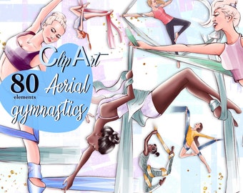 Aerial gymnastics clipart girls on ropes in the air different poses watercolor digital drawing dance gymnastics yoga african american women