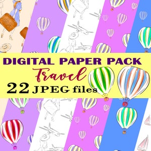 Fashion Paper Pack Travel Scrapbook Set Printable Sticker Supplies Girly Digital Backgrounds Watercolor Seamless Patterns Balloons,airplanes