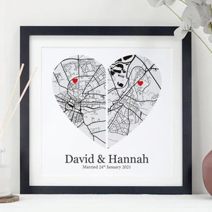 Personalisierte Split Heart Map Print | Paare Jahrestag Geschenk | Landkarte der Hochzeitsortung | Valentinstag Geschenk für Sie oder Ihn | VA149