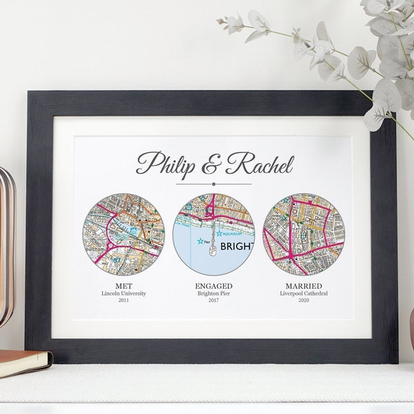 Met Engaged Married circle map print | Personalised maps showing any any three life events VA209